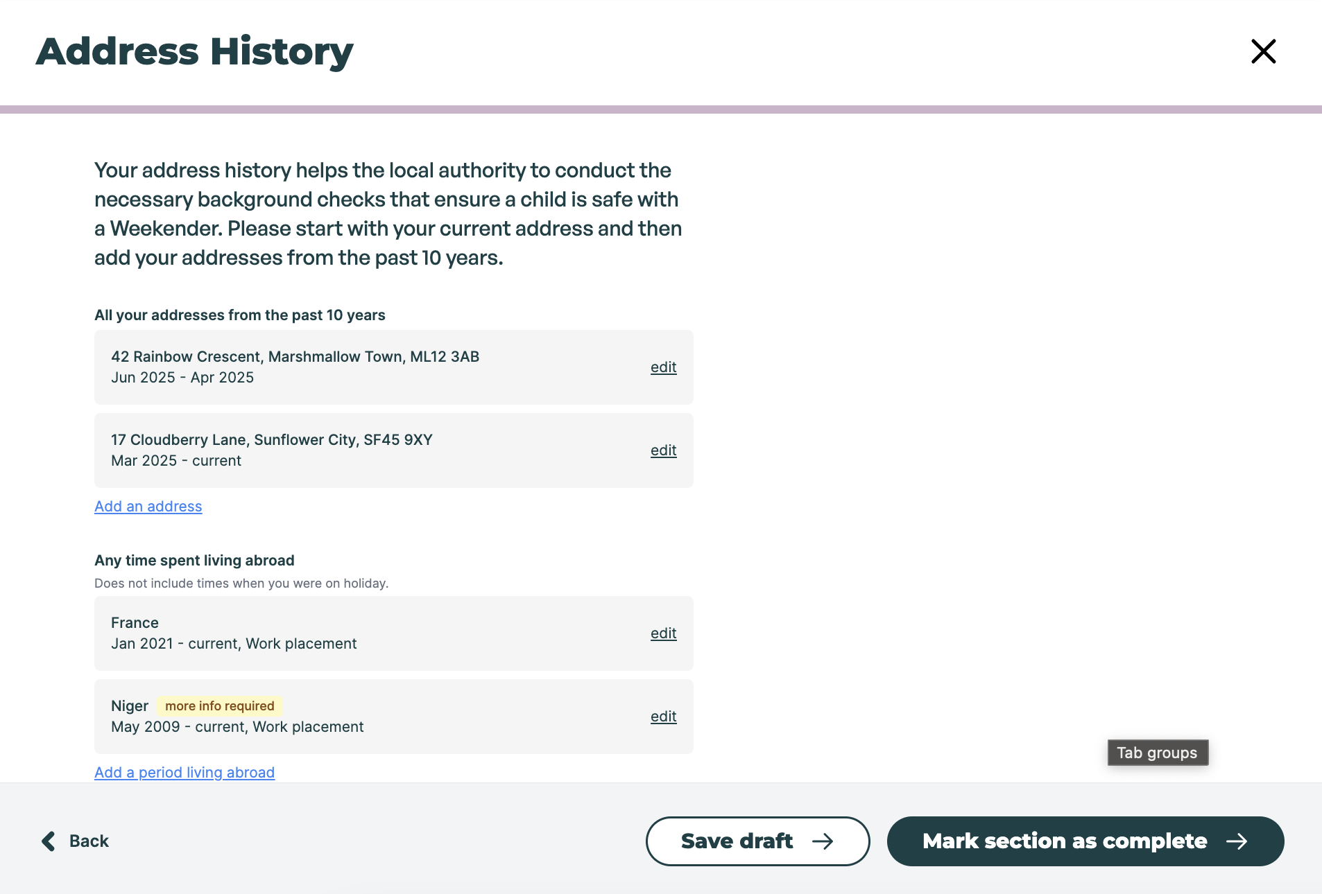 Product screenshot showing an example form